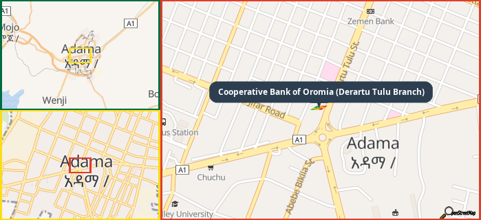 Map showing the address of Cooperative Bank of Oromia (Derartu Tulu Branch) in three different zoom levels.