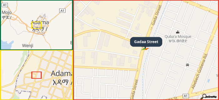 Map showing the address of Gadaa Street in three different zoom levels.