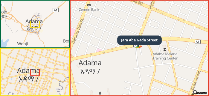 Map showing the address of Jara Aba Gada Street in three different zoom levels.
