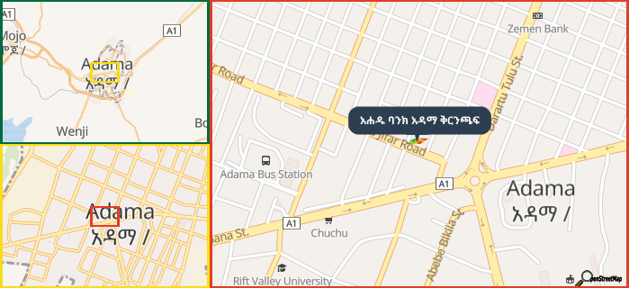 Map showing the address of አሐዱ ባንክ አዳማ ቅርንጫፍ in three different zoom levels.