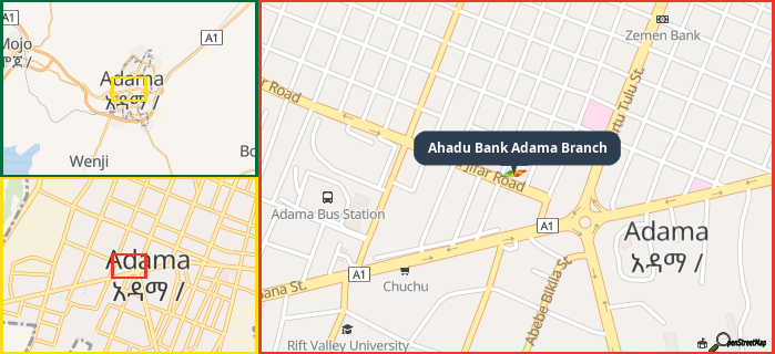 Map showing the address of Ahadu Bank Adama Branch in three different zoom levels.