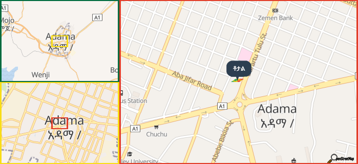 Map showing the address of ቶታል in three different zoom levels.