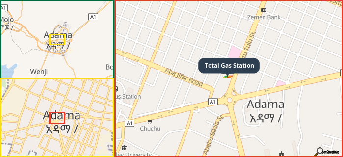 Map showing the address of Total Gas Station in three different zoom levels.