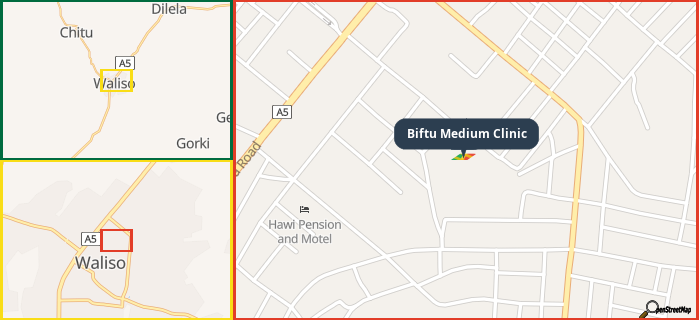 Map showing the address of Biftu Medium Clinic in three different zoom levels.