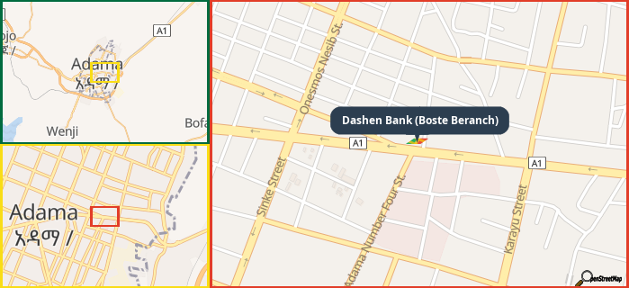 Map showing the address of Dashen Bank (Boste Beranch) in three different zoom levels.