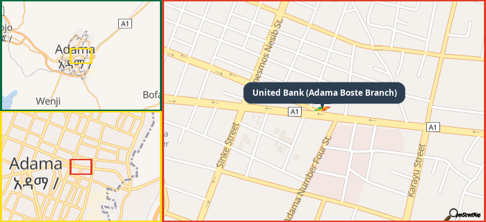 Map showing the address of United Bank (Adama Boste Branch) in three different zoom levels.