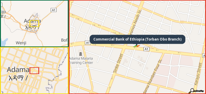 Map showing the address of Commercial Bank of Ethiopia (Torban Obo Branch) in three different zoom levels.