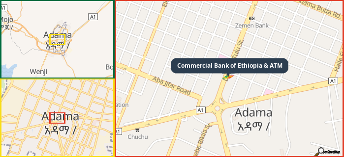 Map showing the address of Commercial Bank of Ethiopia & ATM in three different zoom levels.