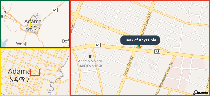 Map showing the address of Bank of Abyssinia in three different zoom levels.
