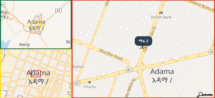 Map showing the address of ማፊ 2 in three different zoom levels.