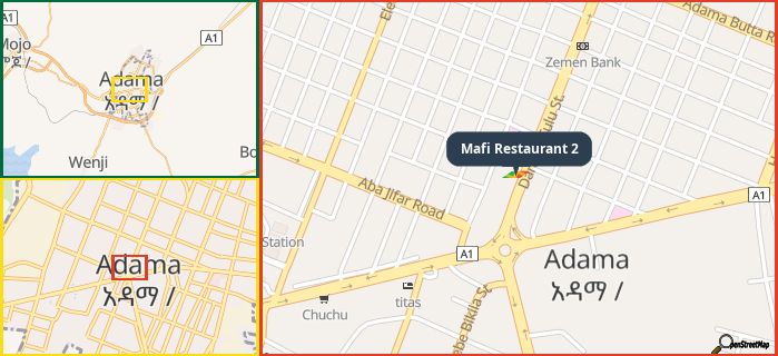 Map showing the address of Mafi Restaurant 2 in three different zoom levels.