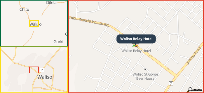 Map showing the address of Woliso Belay Hotel in three different zoom levels.