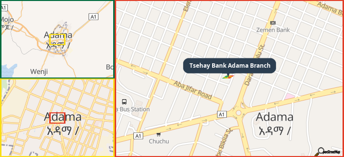 Map showing the address of Tsehay Bank Adama Branch in three different zoom levels.