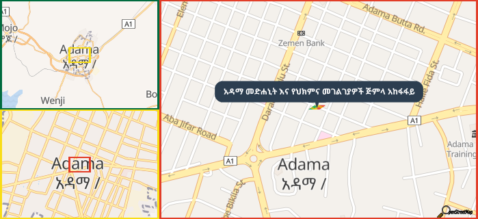 Map showing the address of አዳማ መድሐኒት እና የህክምና መገልገያዎች ጅምላ አከፋፋይ in three different zoom levels.