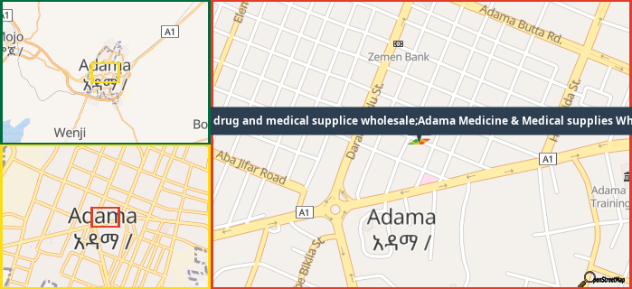 Map showing the address of Adama drug and medical supplice wholesale;Adama Medicine & Medical supplies Wholesale in three different zoom levels.