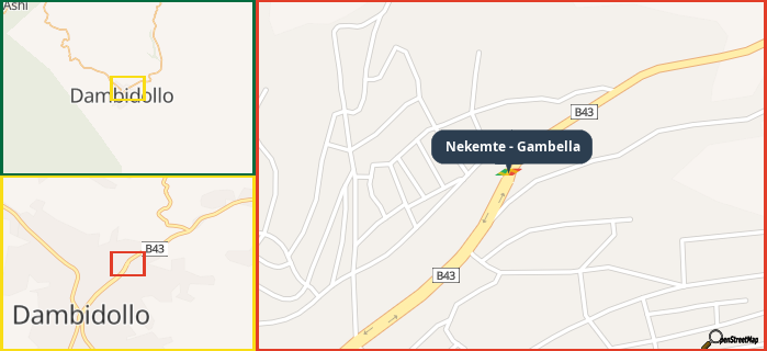 Map showing the address of Nekemte - Gambella in three different zoom levels.