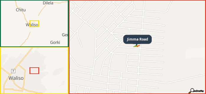 Map showing the address of Jimma Road in three different zoom levels.