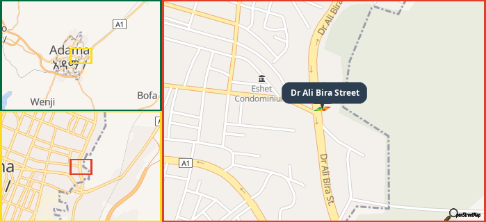 Map showing the address of Dr Ali Bira Street in three different zoom levels.