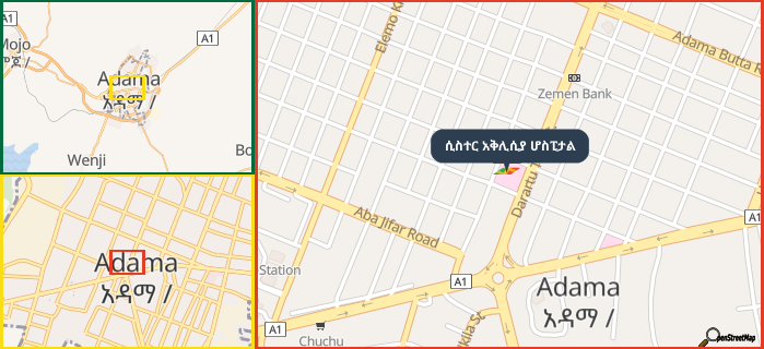 Map showing the address of ሲስተር አቅሊሲያ ሆስፒታል in three different zoom levels.