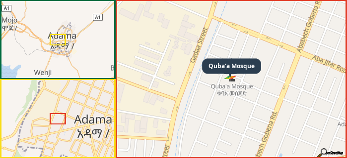 Map showing the address of Quba'a Mosque in three different zoom levels.