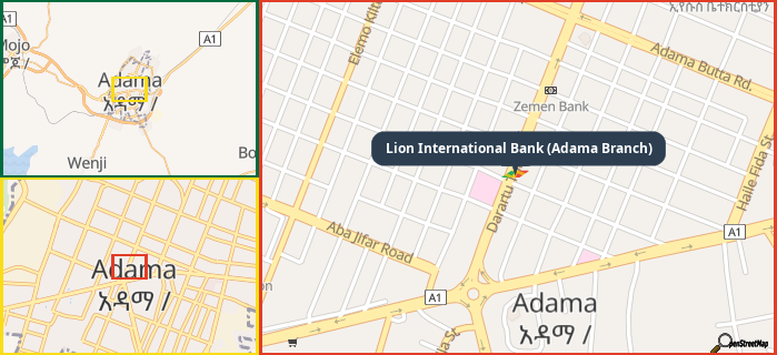 Map showing the address of Lion International Bank (Adama Branch) in three different zoom levels.
