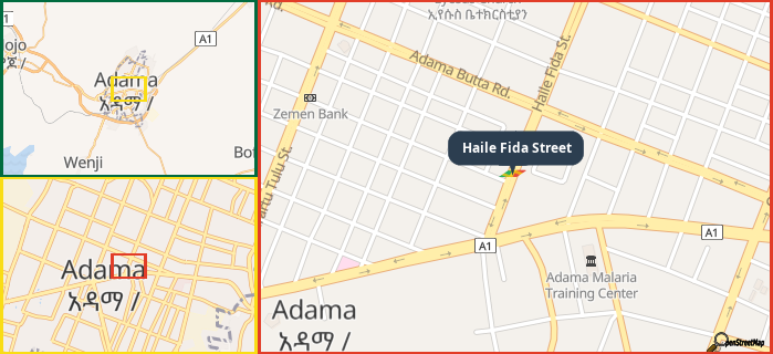 Map showing the address of Haile Fida Street in three different zoom levels.