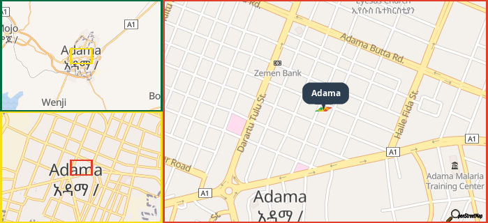 Map showing the address of Adama in three different zoom levels.