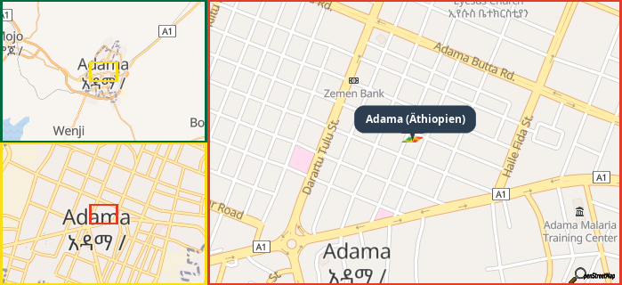 Map showing the address of Adama (Äthiopien) in three different zoom levels.