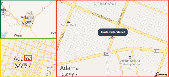 Map showing the address of Haile Fida Street in three different zoom levels.