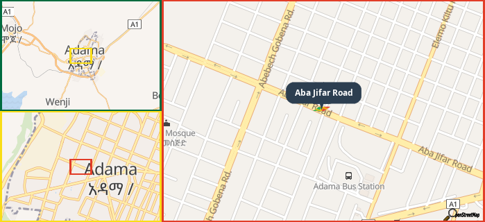 Map showing the address of Aba Jifar Road in three different zoom levels.