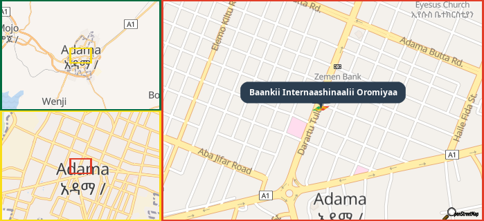 Map showing the address of Baankii Internaashinaalii Oromiyaa in three different zoom levels.