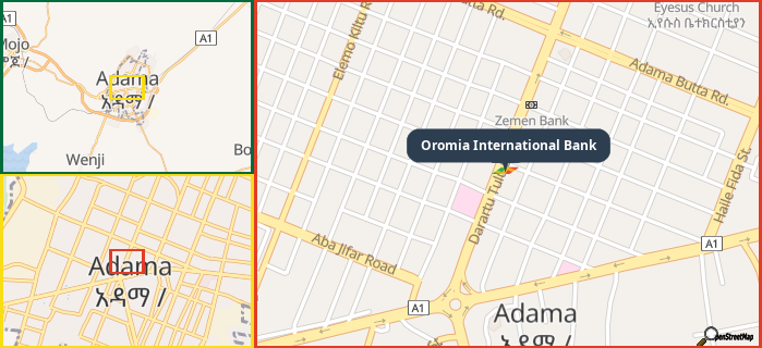 Map showing the address of Oromia International Bank in three different zoom levels.