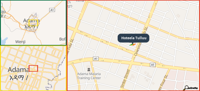 Map showing the address of Hoteela Tulluu in three different zoom levels.
