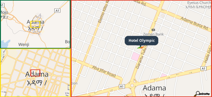 Map showing the address of Hotel Olympic in three different zoom levels.