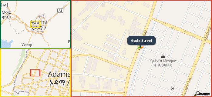 Map showing the address of Gada Street in three different zoom levels.