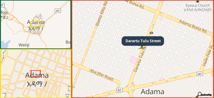 Map showing the address of Darartu Tulu Street in three different zoom levels.