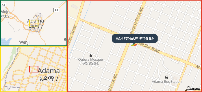 Map showing the address of ዙልፋ የሙስሊም ምግብ ቤት in three different zoom levels.