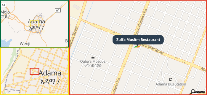 Map showing the address of Zulfa Muslim Restaurant in three different zoom levels.