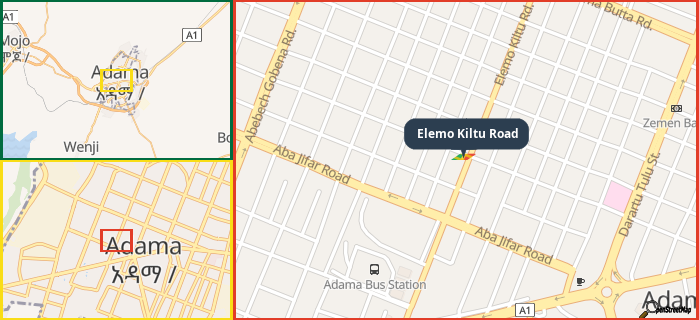 Map showing the address of Elemo Kiltu Road in three different zoom levels.
