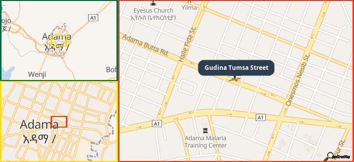 Map showing the address of Gudina Tumsa Street in three different zoom levels.