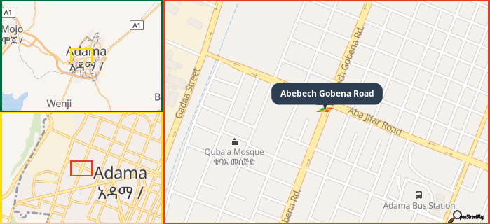 Map showing the address of Abebech Gobena Road in three different zoom levels.