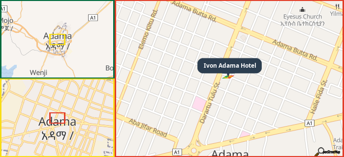Map showing the address of Ivon Adama Hotel in three different zoom levels.