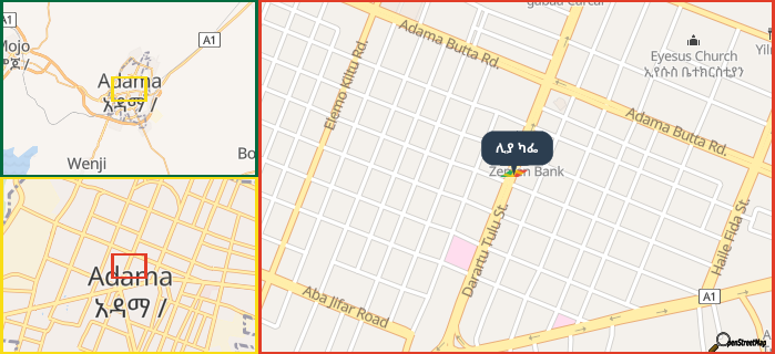 Map showing the address of ሊያ ካፌ in three different zoom levels.