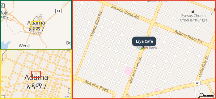 Map showing the address of Liya Cafe in three different zoom levels.