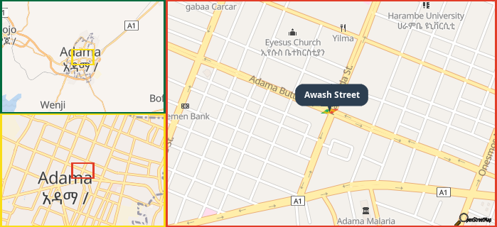 Map showing the address of Awash Street in three different zoom levels.