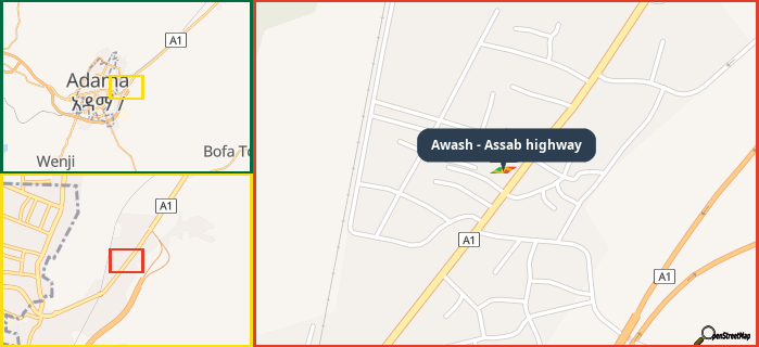Map showing the address of Awash - Assab highway in three different zoom levels.