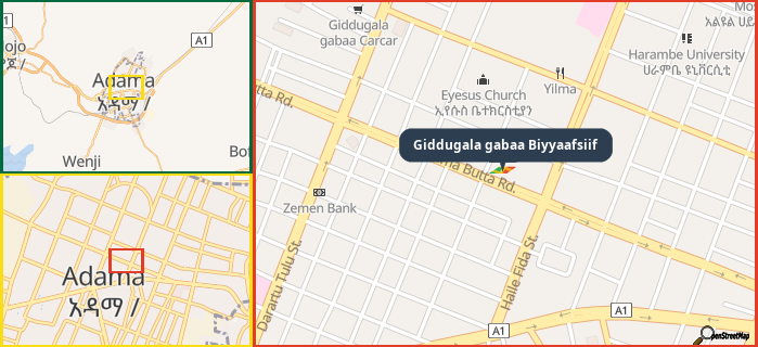 Map showing the address of Giddugala gabaa Biyyaafsiif in three different zoom levels.