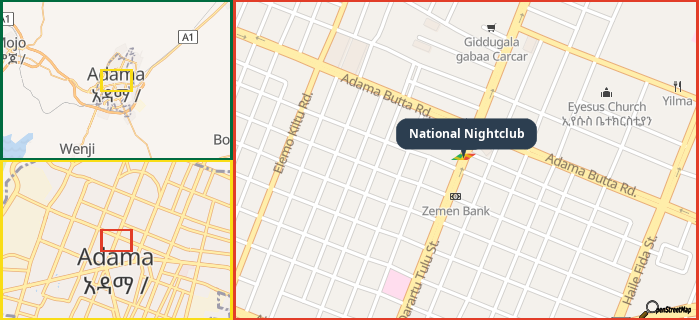 Map showing the address of National Nightclub in three different zoom levels.