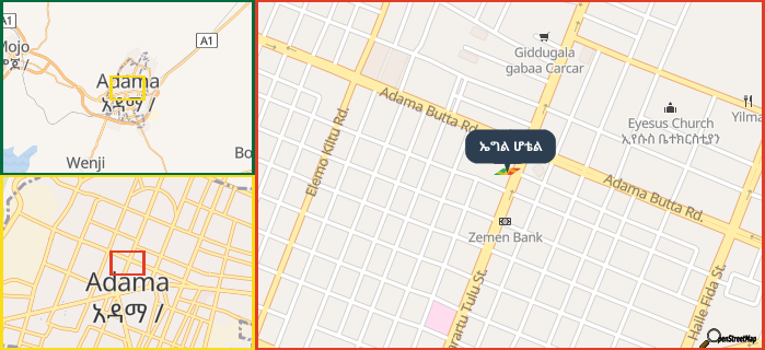 Map showing the address of ኤግል ሆቴል in three different zoom levels.