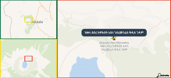 Map showing the address of ዝቋላ ደብረ ከዋክብት አቡነ ገብረመንፈስ ቅዱስ ገዳም in three different zoom levels.